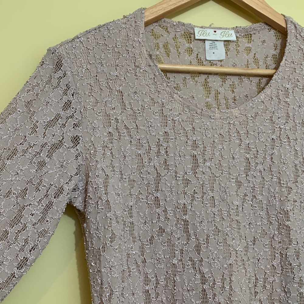 Glu-Glu || Tan Nude Embroidered Floral Lace Sheer Long Sleeve Stretch Top M - Picture 4 of 13